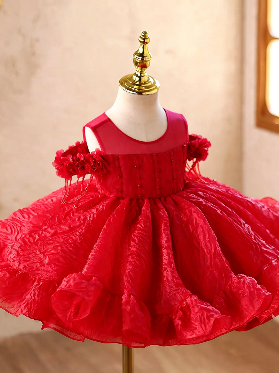 D612 red floral off shoulder ruffle flower girl dress, view 1