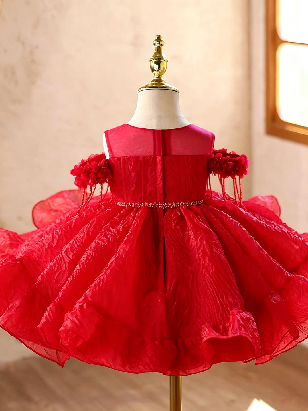 D612 red floral off shoulder ruffle flower girl dress, view 3