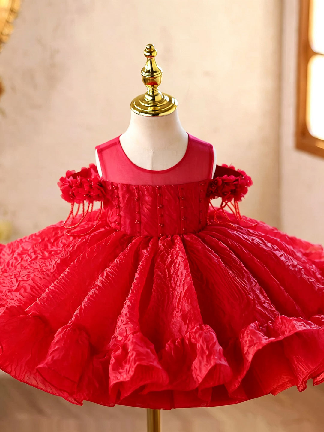 D612 red floral off shoulder ruffle flower girl dress, view 4