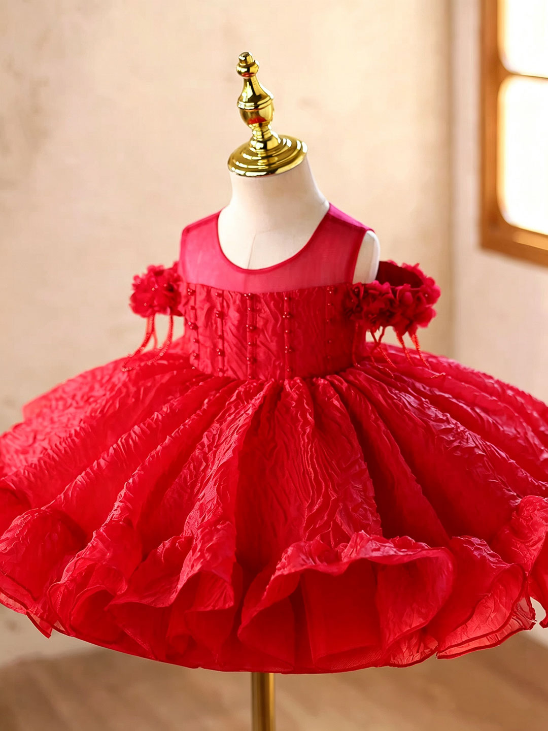 D612 red floral off shoulder ruffle flower girl dress, view 5