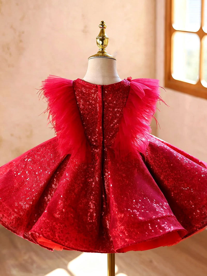 D613 red sequin rose ruffle flower girl dress, view 2