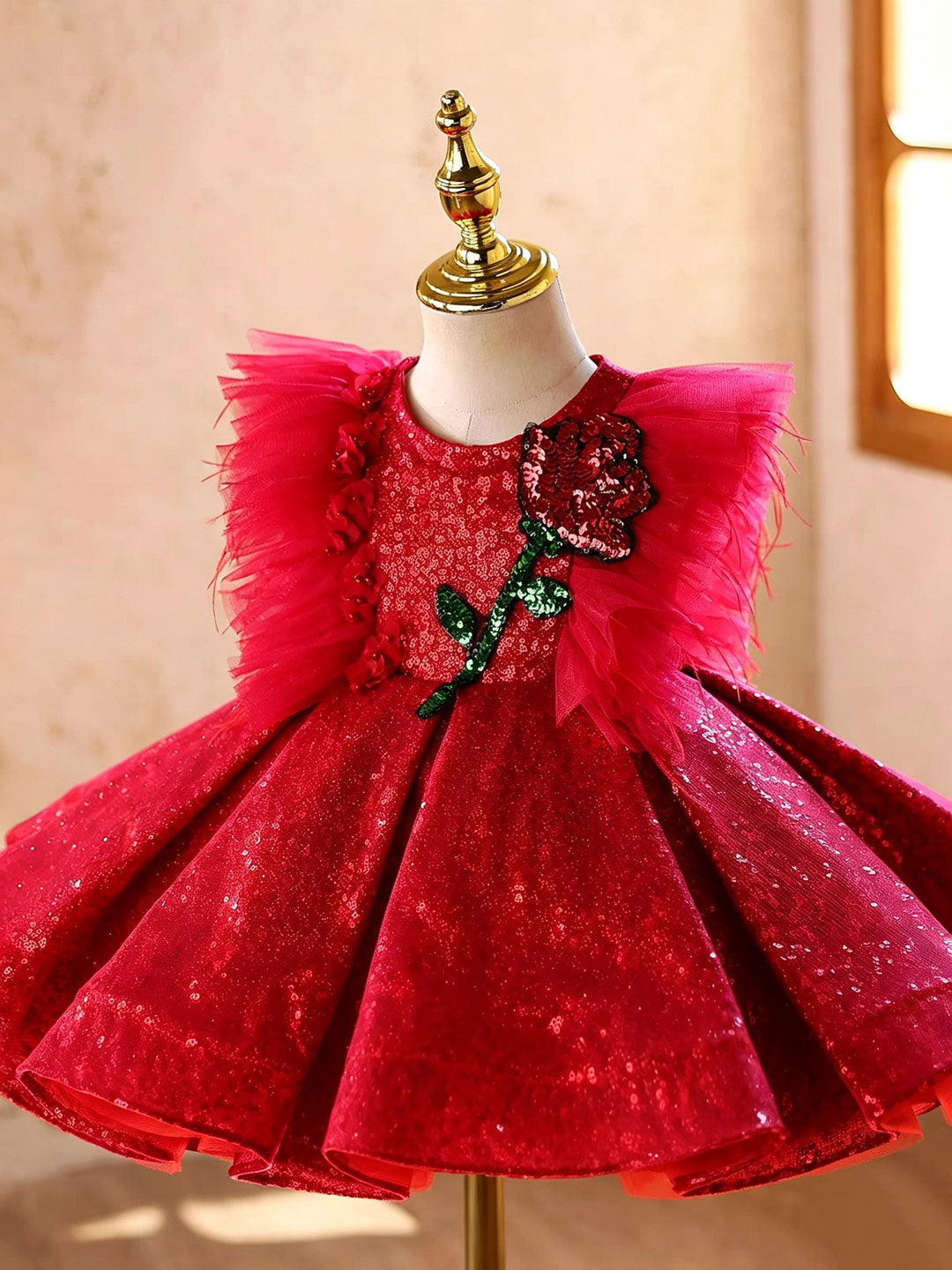 D613 red sequin rose ruffle flower girl dress, view 3