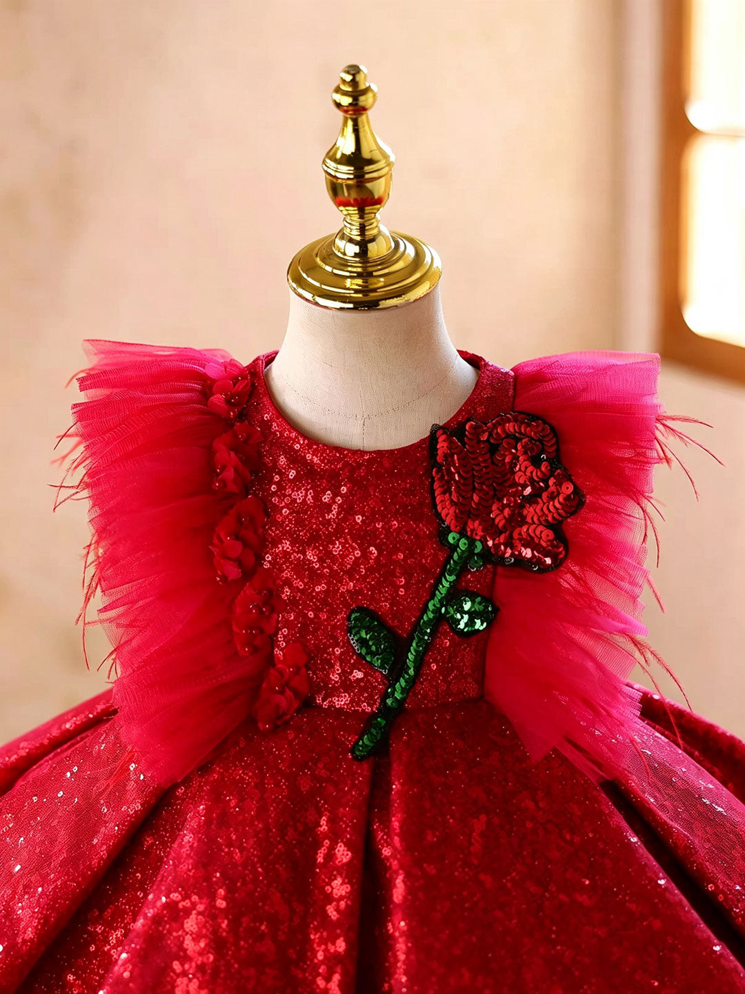 D613 red sequin rose ruffle flower girl dress, view 4