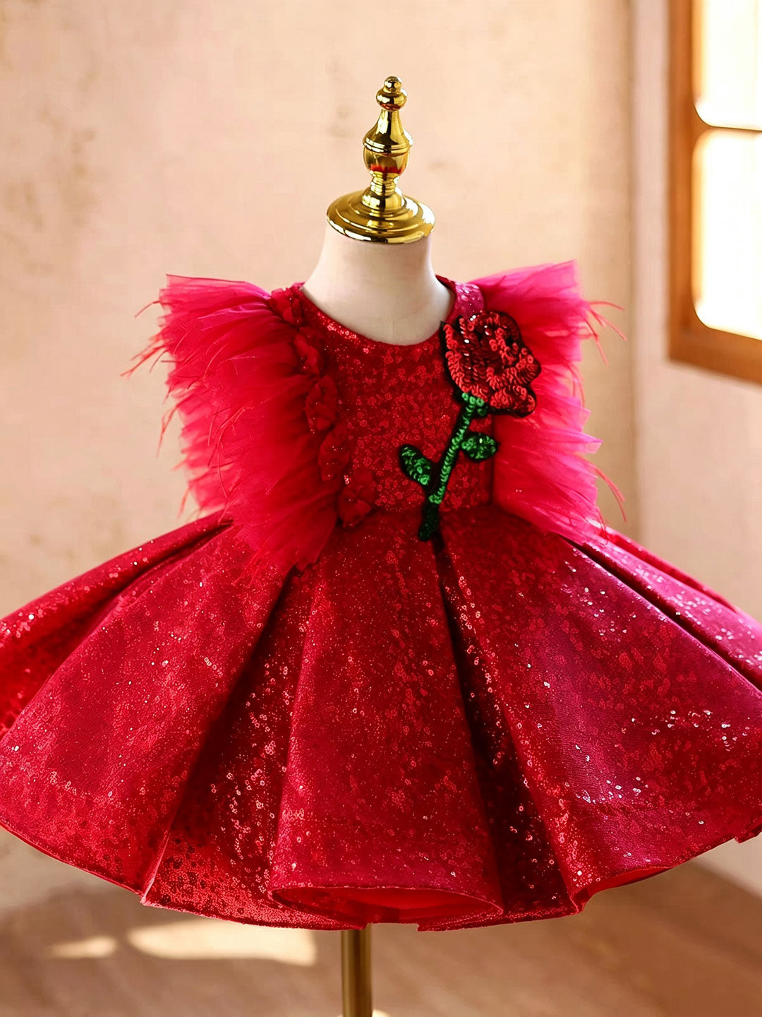 D613 red sequin rose ruffle flower girl dress, view 5