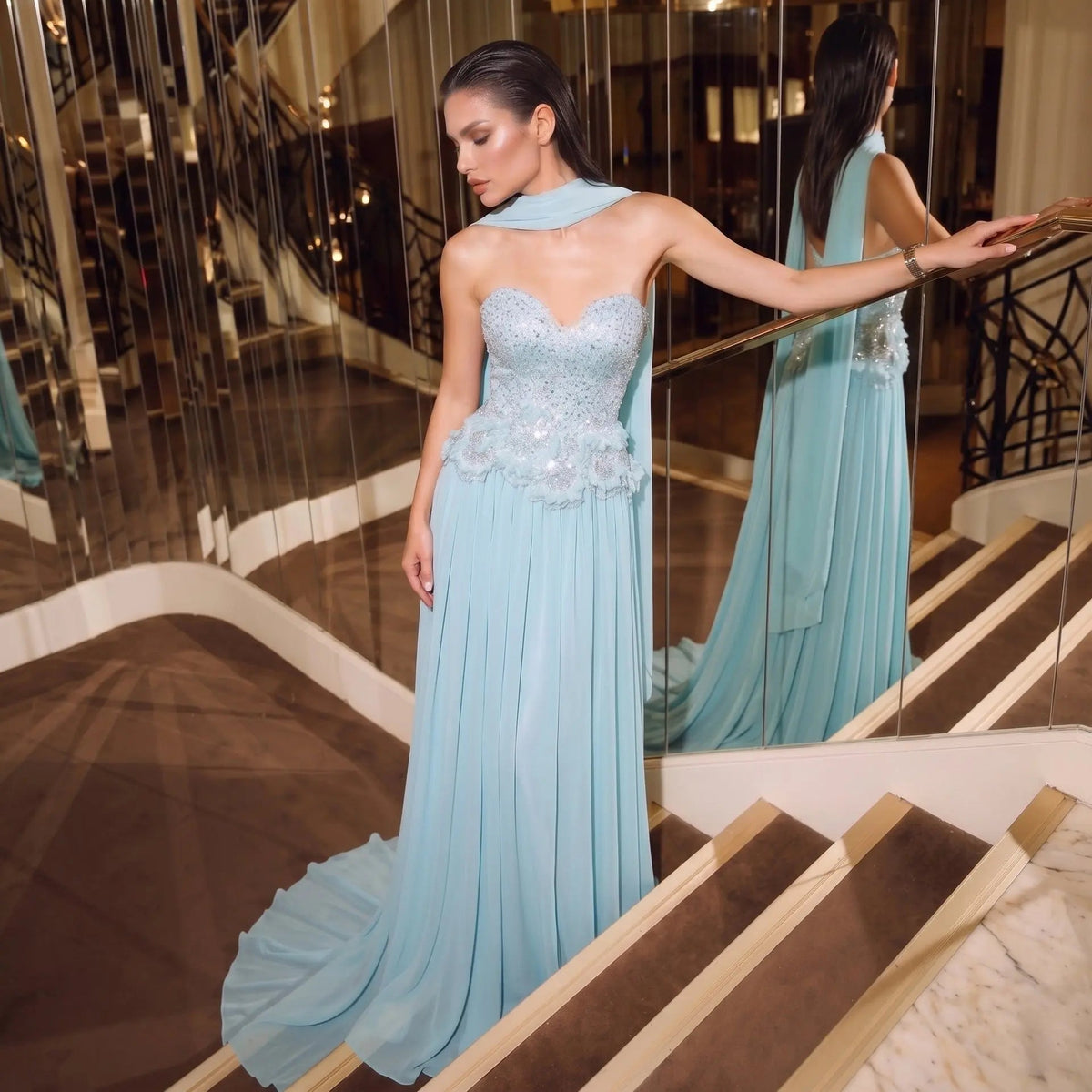 aqua chiffon dress Orange A Line Strapless Chiffon Beaded Corset Long Prom Dress With Slit, Aqua / 18