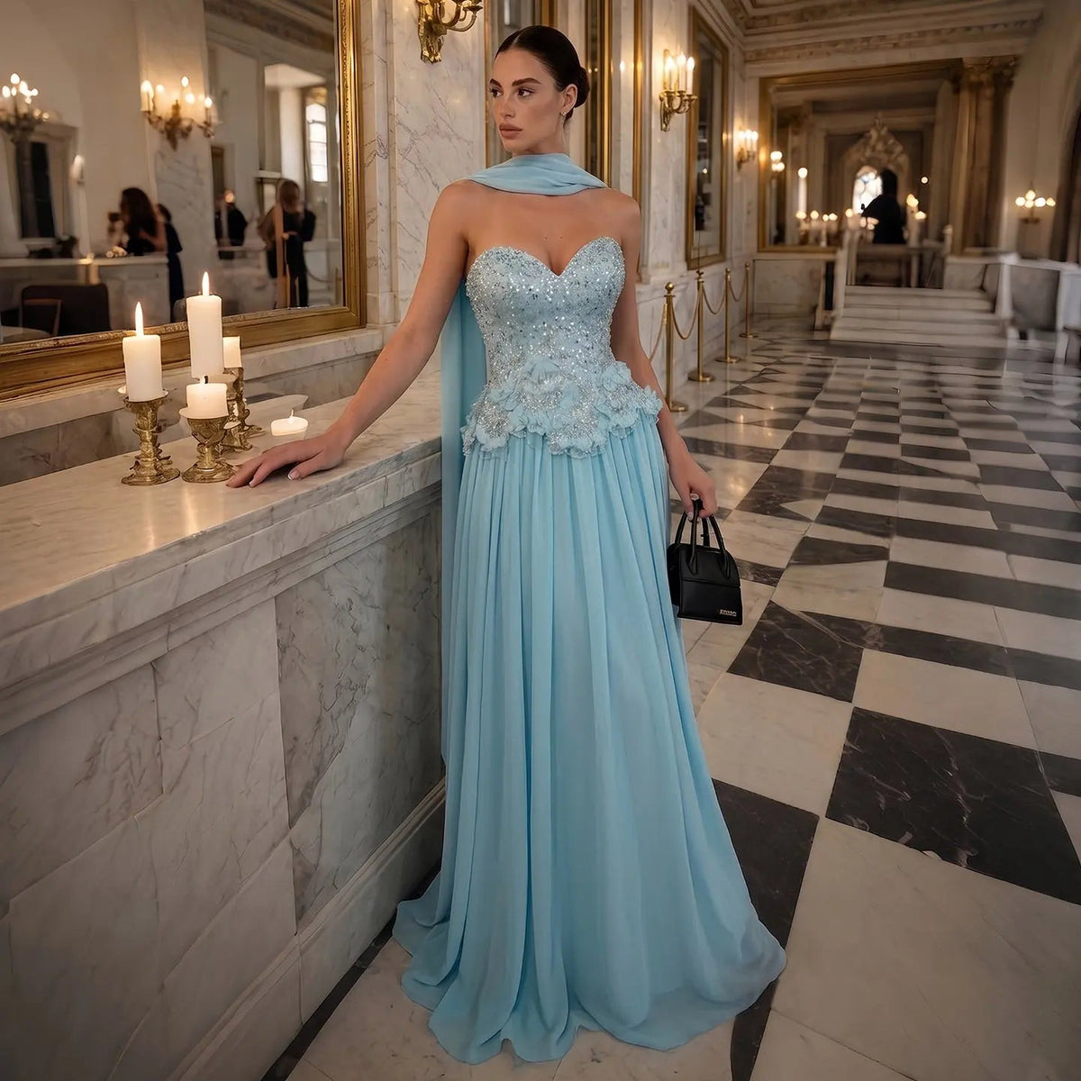 Ethereal Aqua Chiffon Evening Dress with Detachable Wrap Scarf and Beaded Corset SS274