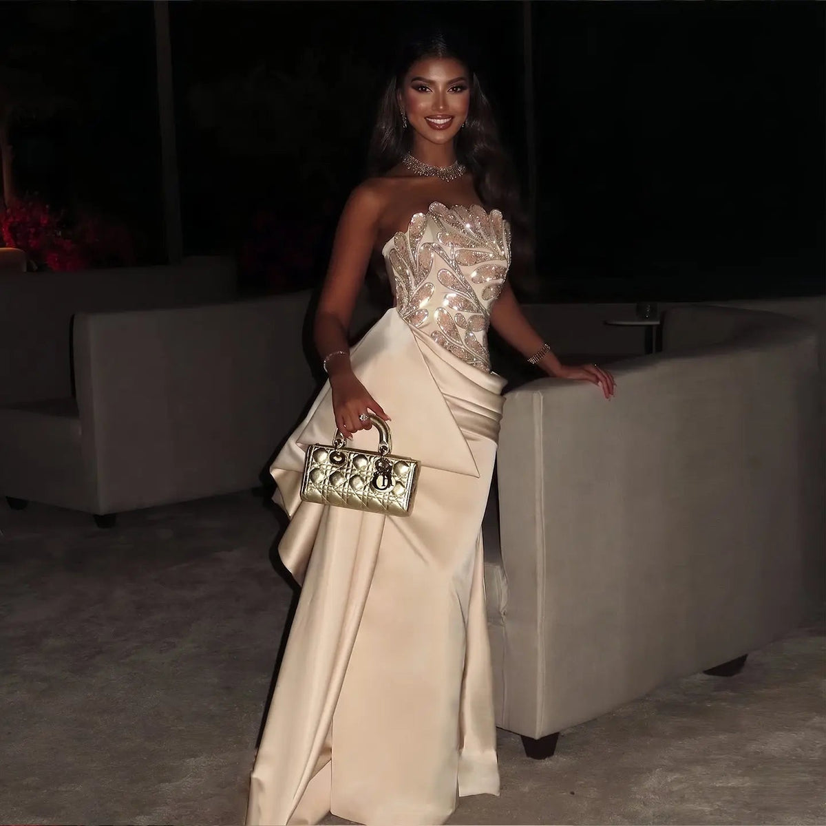 Modern Beige Strapless Evening Dress with Asymmetrical Beading SS242