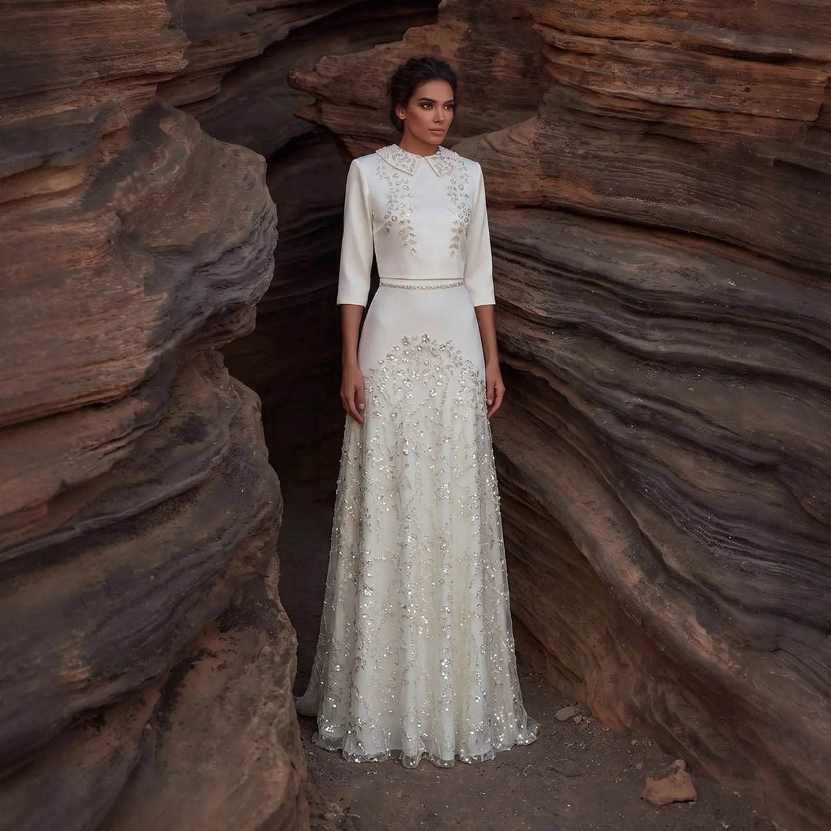 Luxury Beige Two-Piece Evening Dress with Beaded Cropped Jacket and Sequin Skirt SS214
