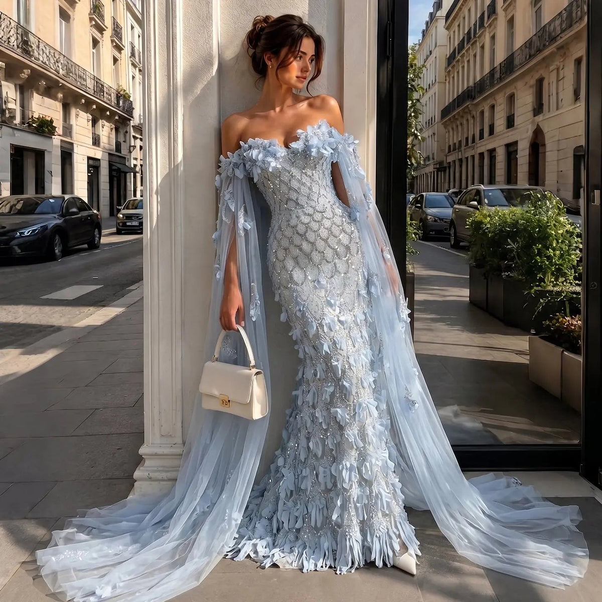 Fairycore Ice Blue Strapless Evening Dress with 3D Floral Petal Appliqué and Sheer Cape SS441