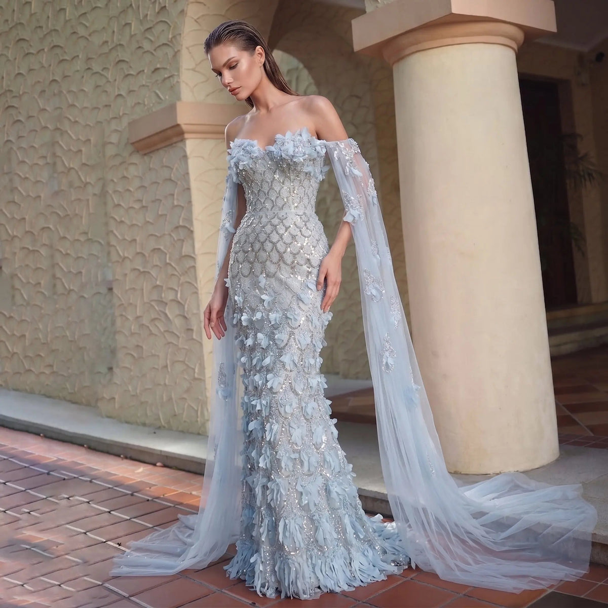Fairycore Ice Blue Strapless Evening Dress with 3D Floral Petal Appliq – Jill Wish
