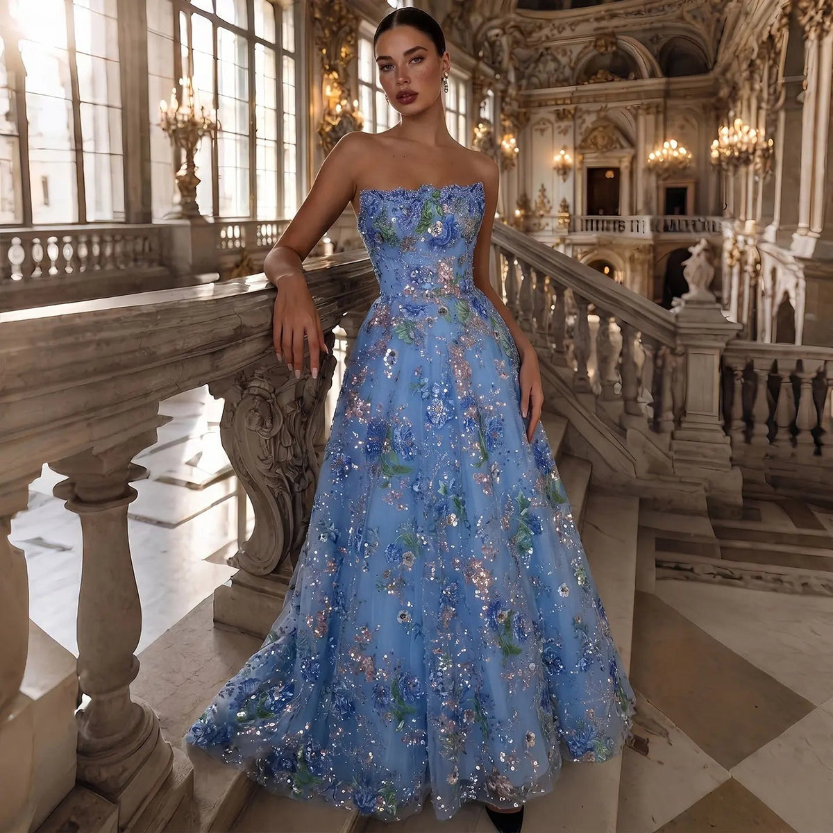 Fairycore Sparkling A-Line Evening Dress with Colorful Botanical Pattern SS460