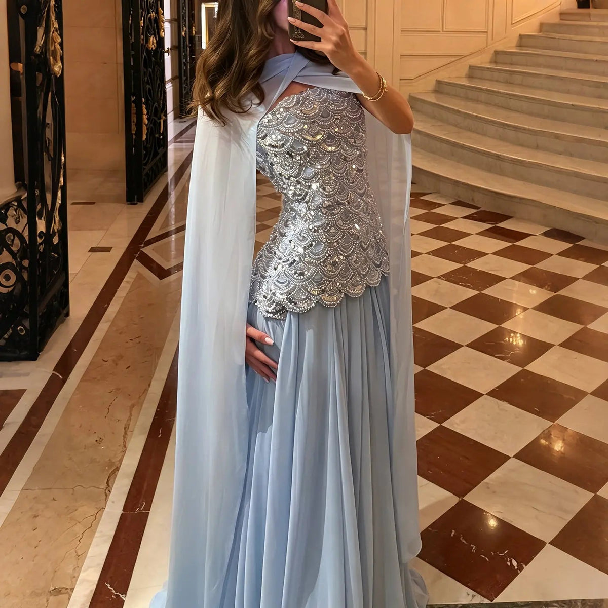 Chic Blue Strapless Evening Dress with Matching Shoulder Wrap and Abst – Jill Wish