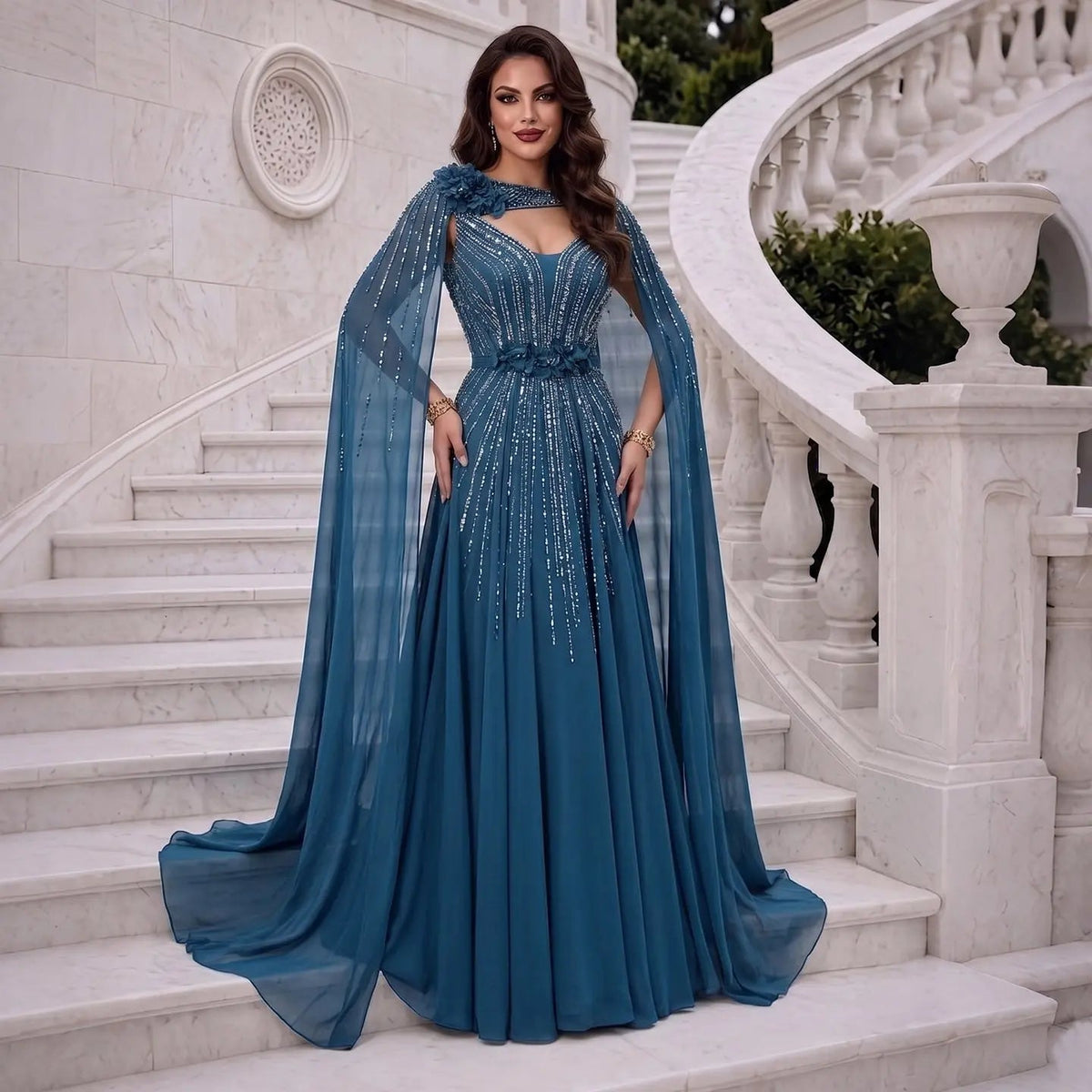 Elegant Beaded Chiffon Evening Dress with Wrap Sleeves and Train SS052