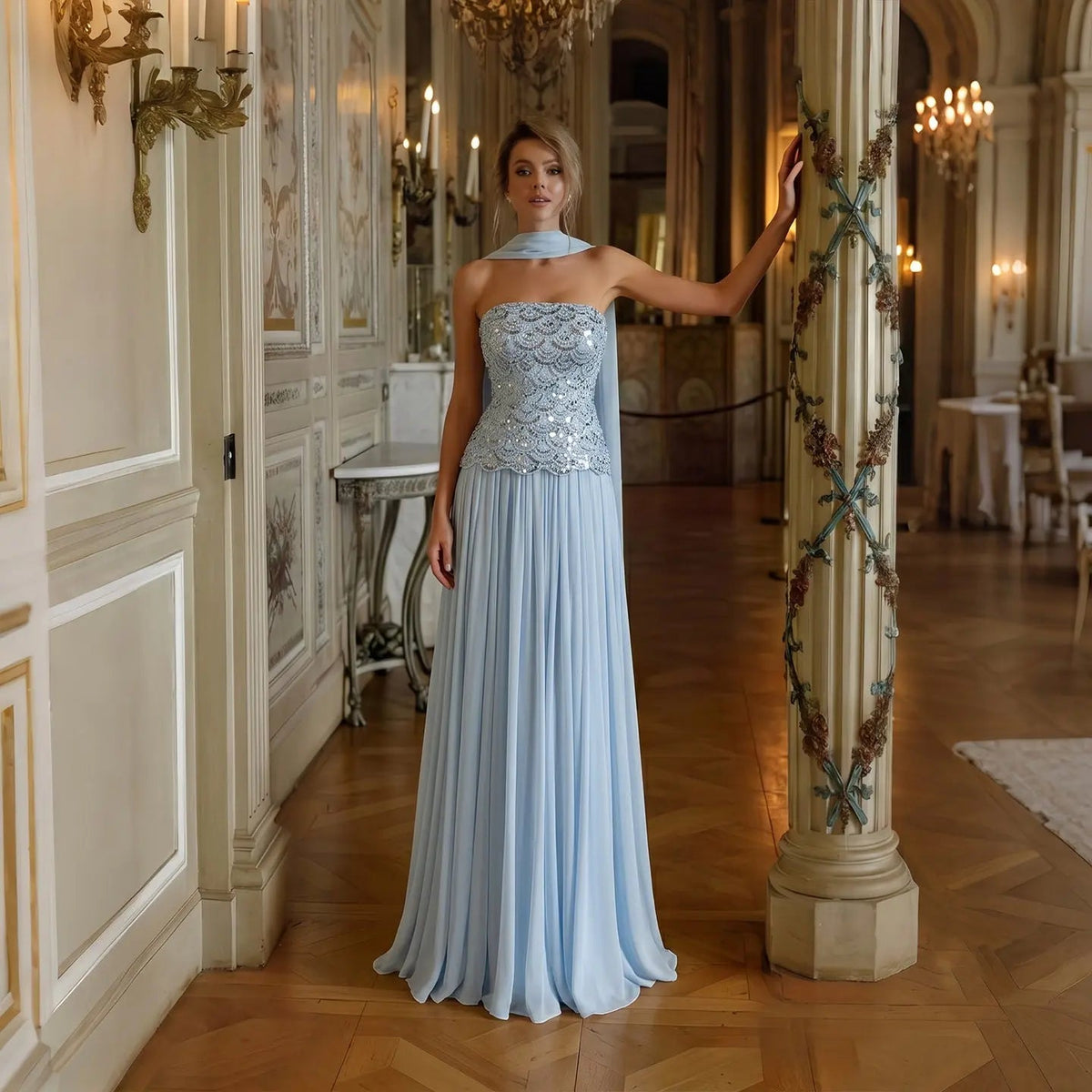 Chic Blue Strapless Evening Dress with Matching Shoulder Wrap and Abstract Sequin Motif SS651