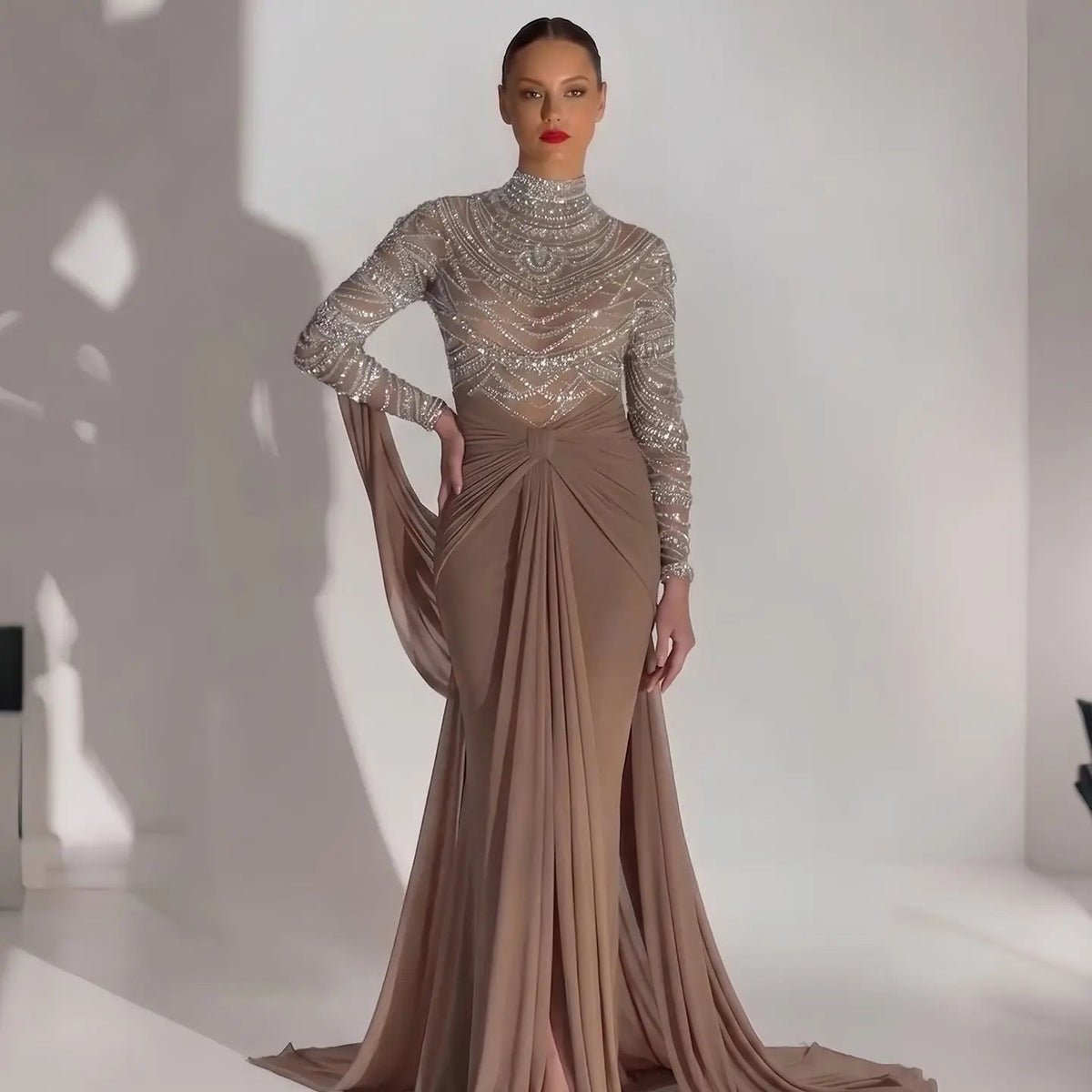 Luxury Brown High Neck Evening Dress with Heavy Crystal Beading and Sweep Train SS402
