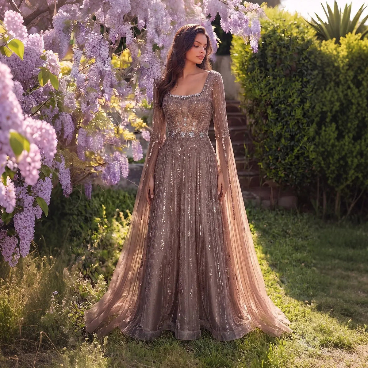 Elegant Evening Dress with Draped Shoulder Details and Shimmering Accents SS065
