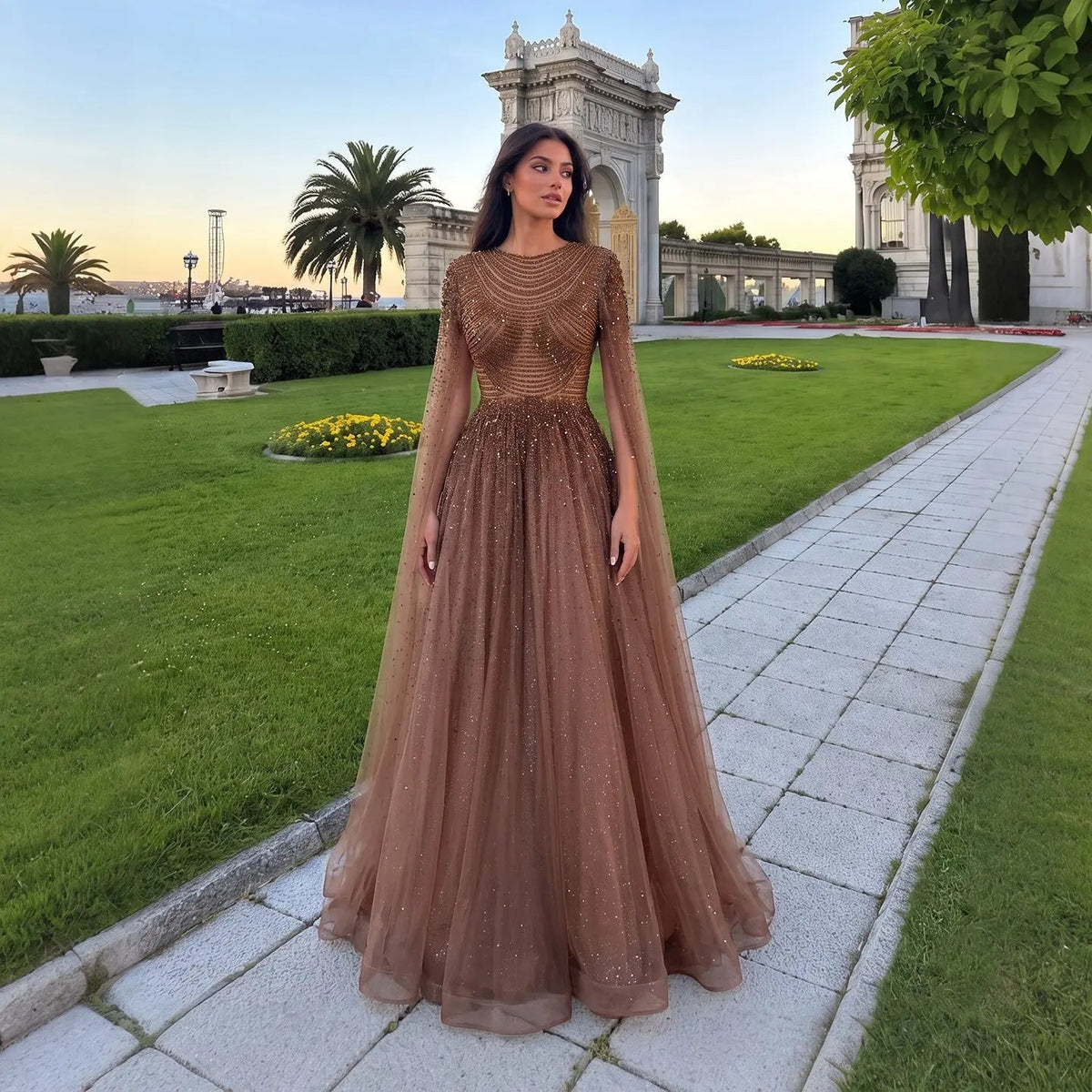 Stunning Sequin Evening Dress with Flowing Tulle Overskirt and Embellished Bodice SS059