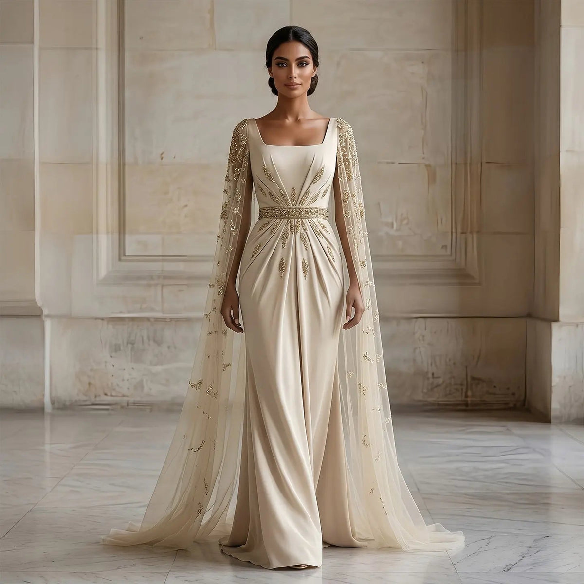 Elegant Champagne A-Line Evening Dress with Linear Embroidery and Train SS213