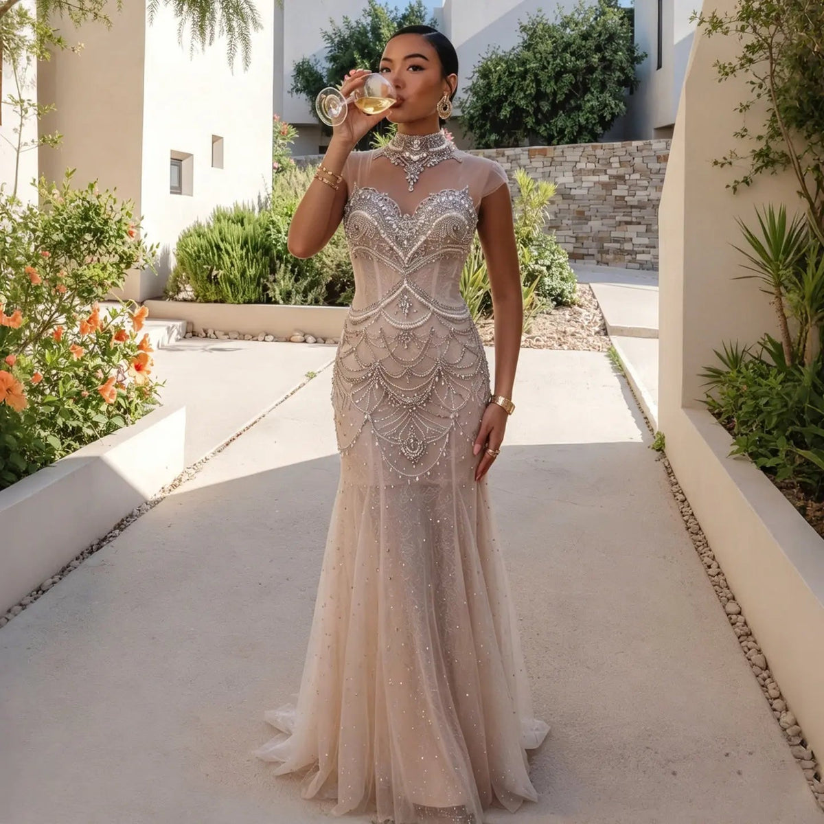 Luxurious Champagne Tulle Evening Dress with Heavy Crystal Applique and Flared Skirt SS380