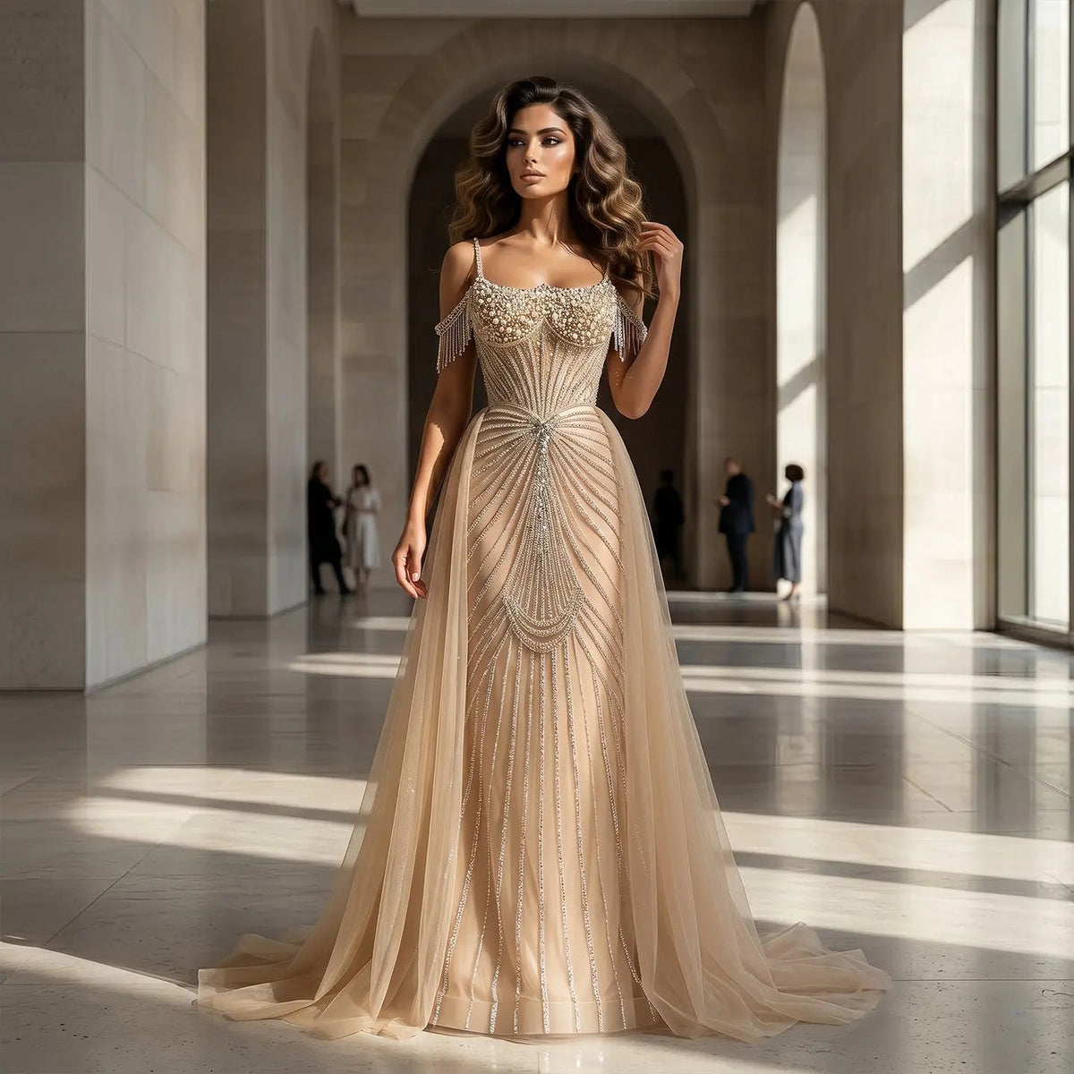 Romantic Champagne Tulle Evening Dress with Sparkly Embroidery and Straps SS121