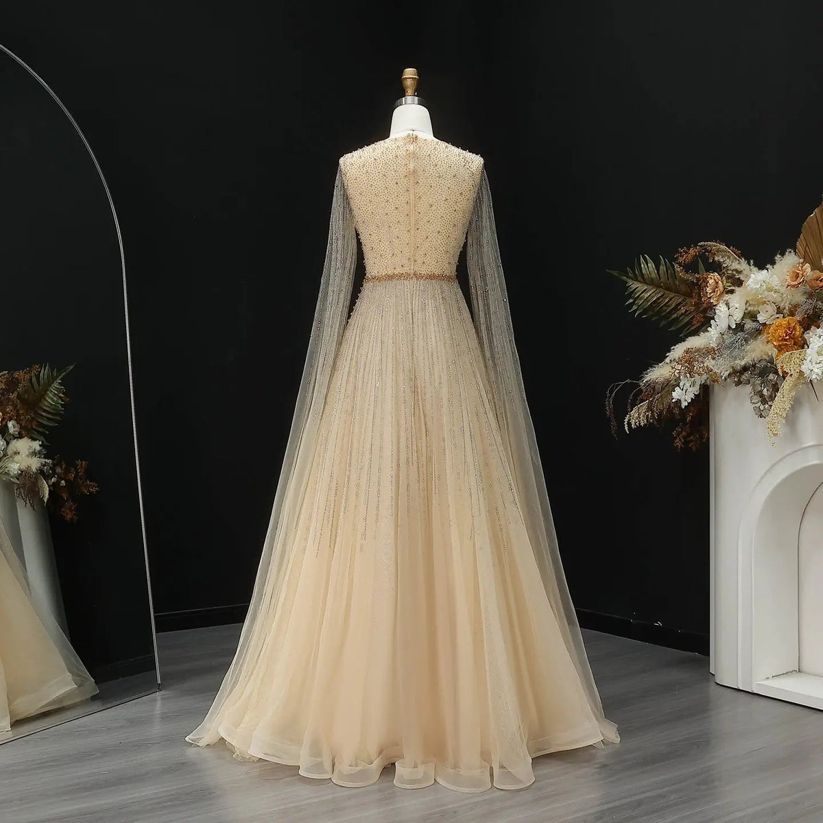 Luxury Champagne Beaded Evening Dress with Long Sleeves Elegant Formal – Jill Wish