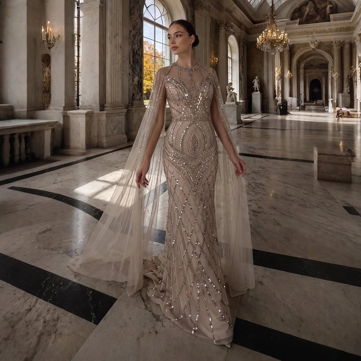 Stunning Sequin Evening Dress with High Neck and Flowing Mesh Cape SS126