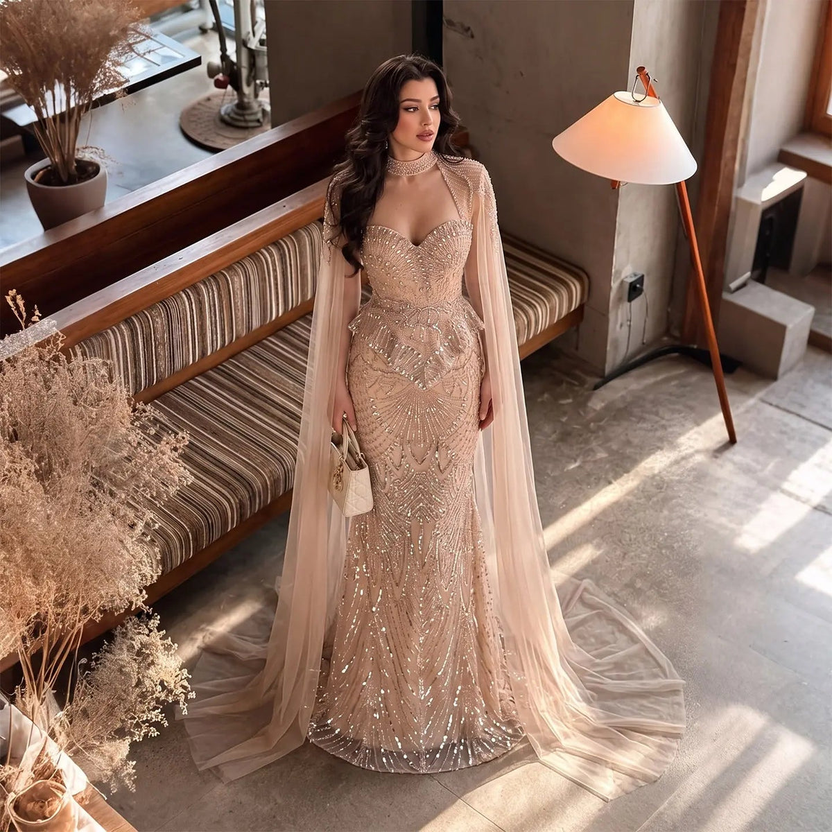 Stunning Champagne Mermaid Evening Dress with Geometric Art Deco Sequins and Peplum Waist SS018