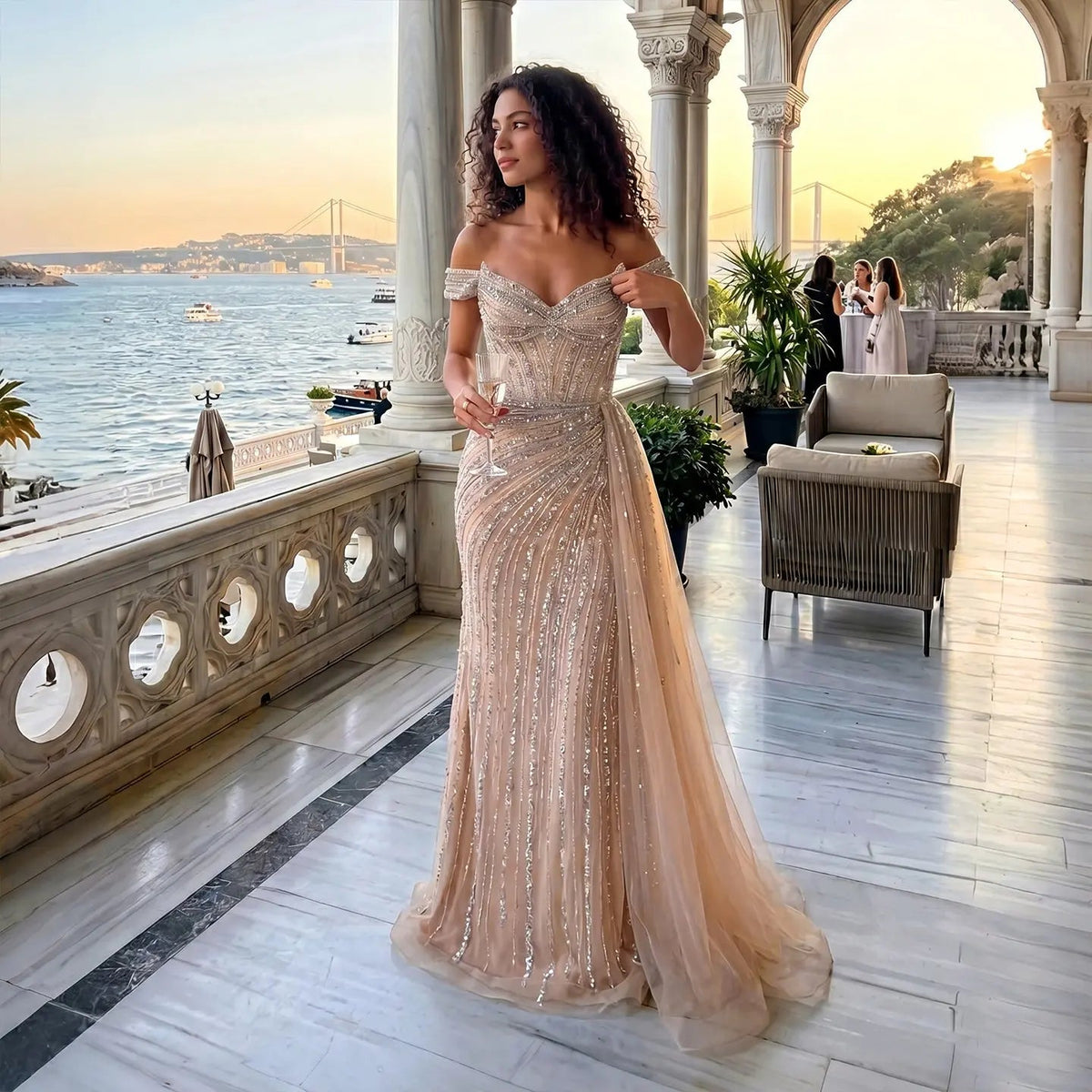 Luxury Off-the-Shoulder Evening Dress with Asymmetrical Tulle Skirt and Boned Bodice SS005