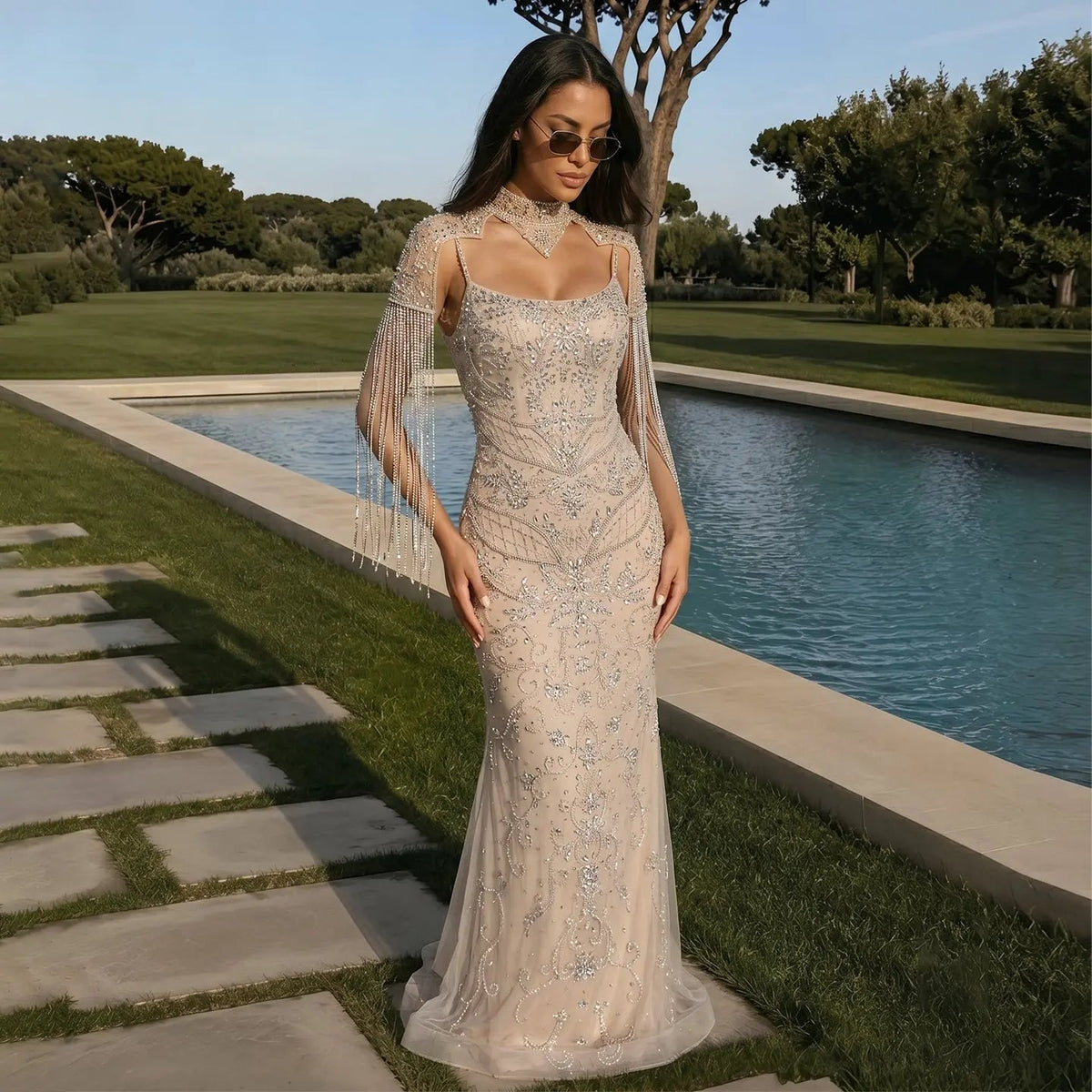 Luxury Champagne Beaded Evening Dress with Halter Choker and Elegant Fringe Shoulder Accents SS182