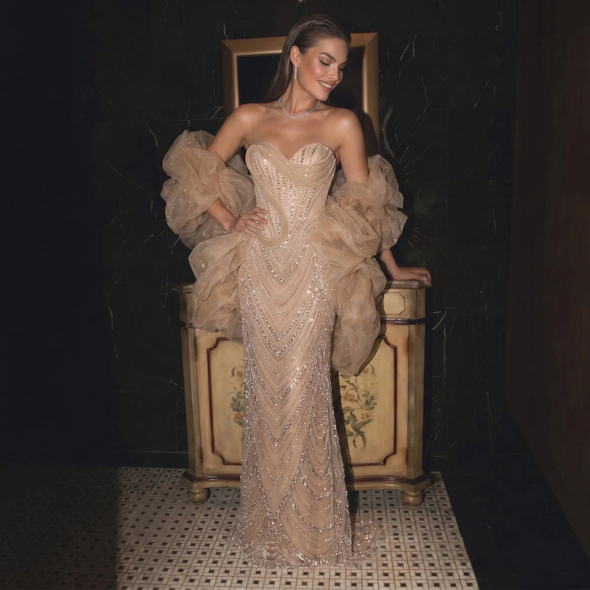 Dramatic Champagne Spaghetti Strap Evening Dress with Exaggerated Puffy Cloud Sleeves SS436