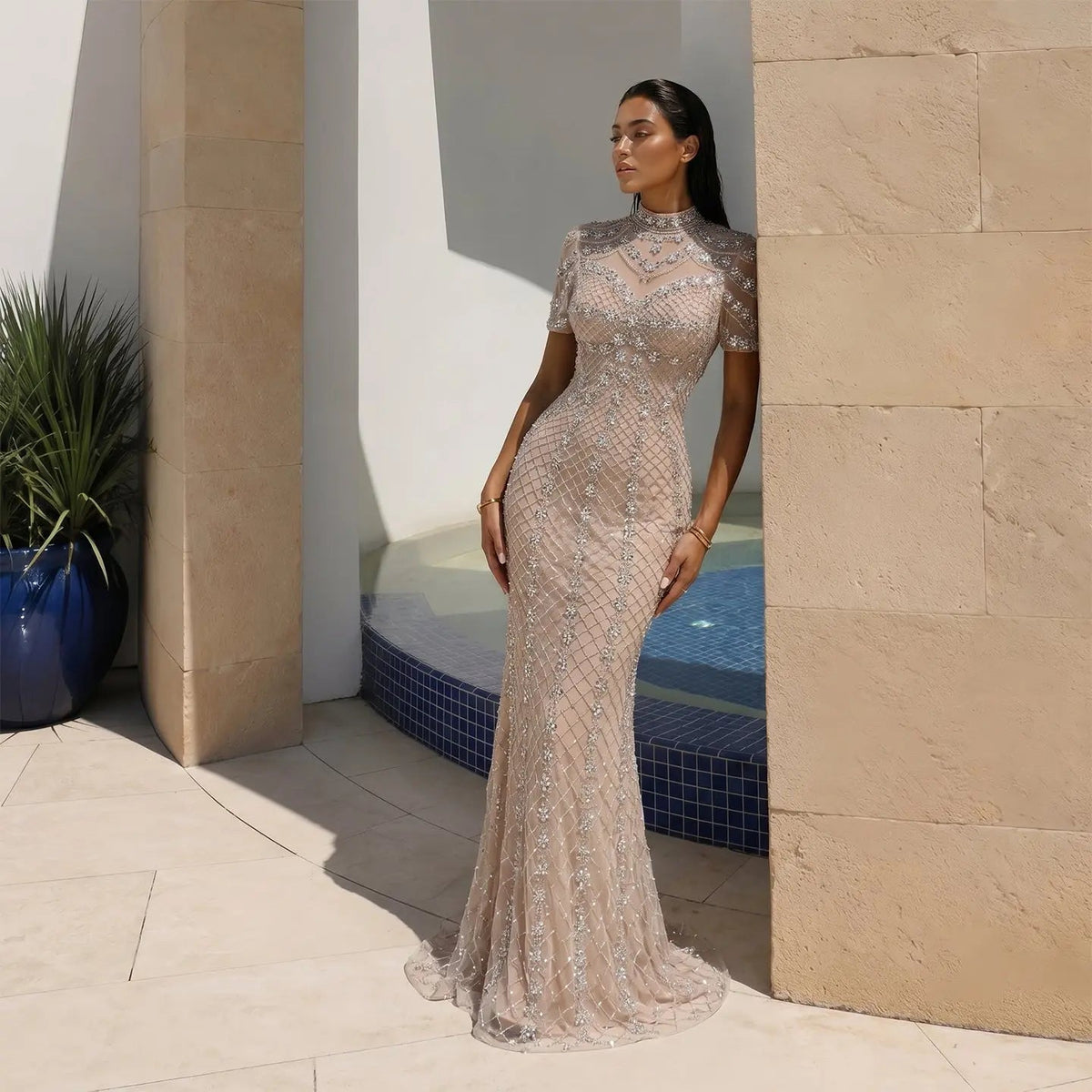 Luxurious High Neck Evening Dress with Geometric Diamond Beaded Grid Pattern SS185