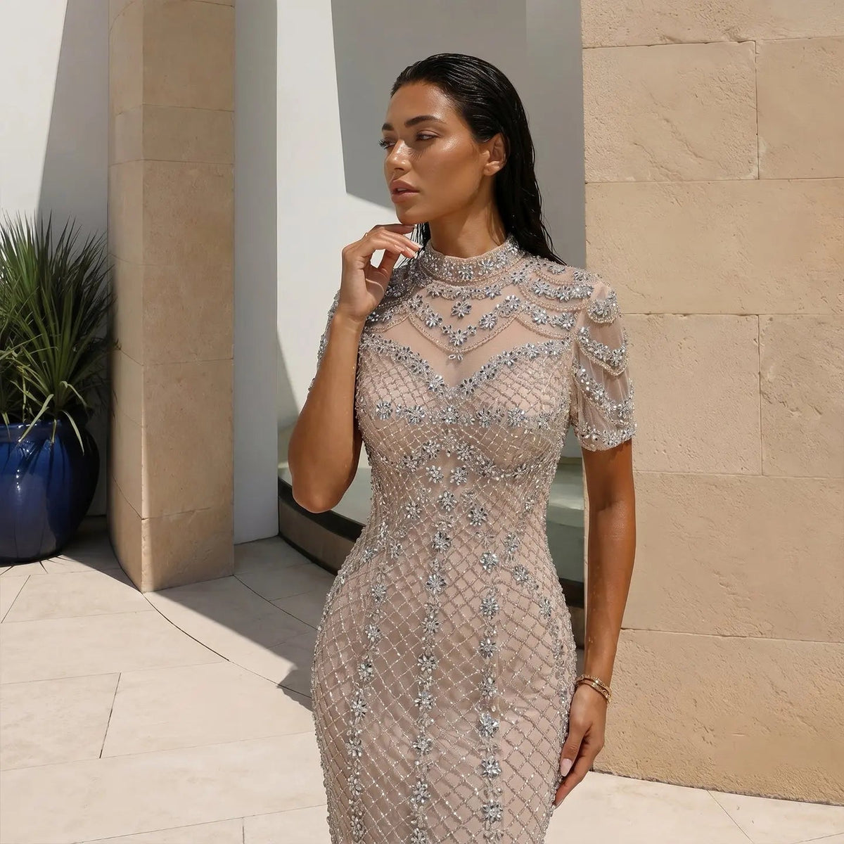 long sleeved geometric rhinestone dress RHINESTONE SHEER FITTED LONG SLEEVES MAXI DRESS (BLACK) Dress Code Chic Official