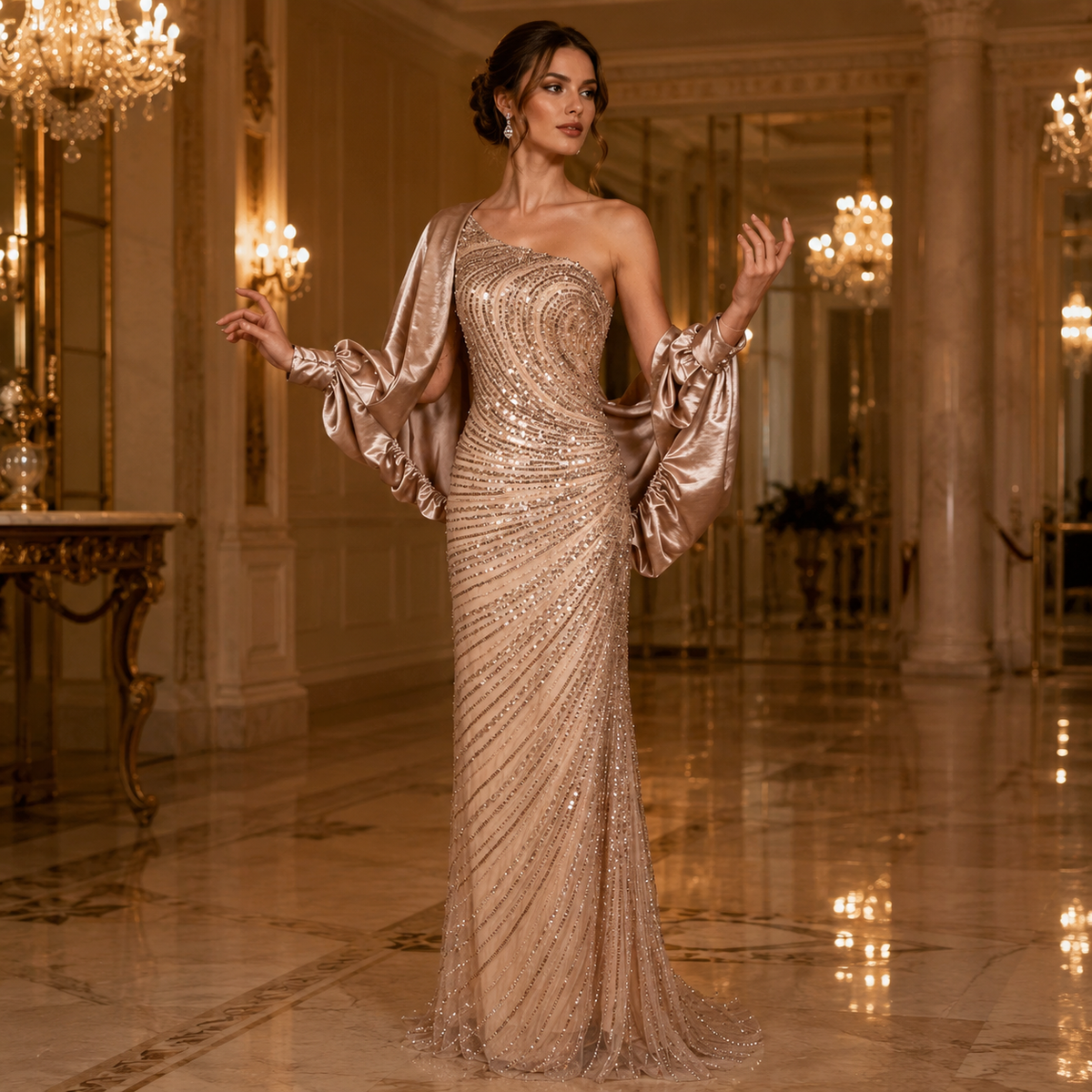Luxurious Champagne One-Shoulder Evening Dress with Draped Satin Puff Sleeves SS311