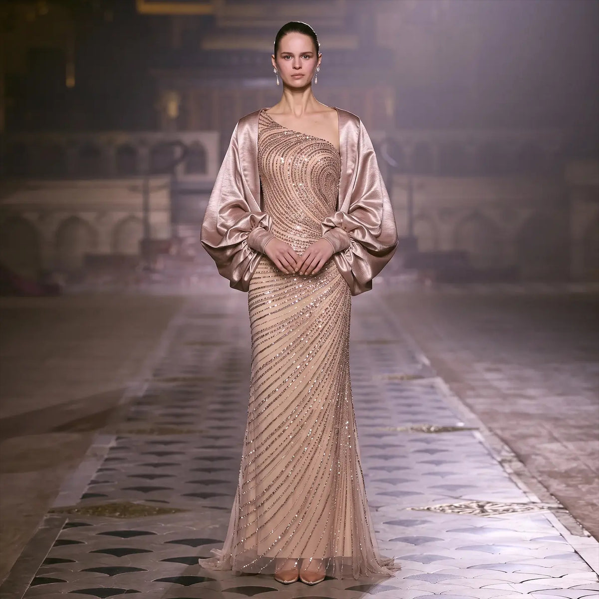 Luxurious Champagne One-Shoulder Evening Dress with Draped Satin Puff – Jill Wish