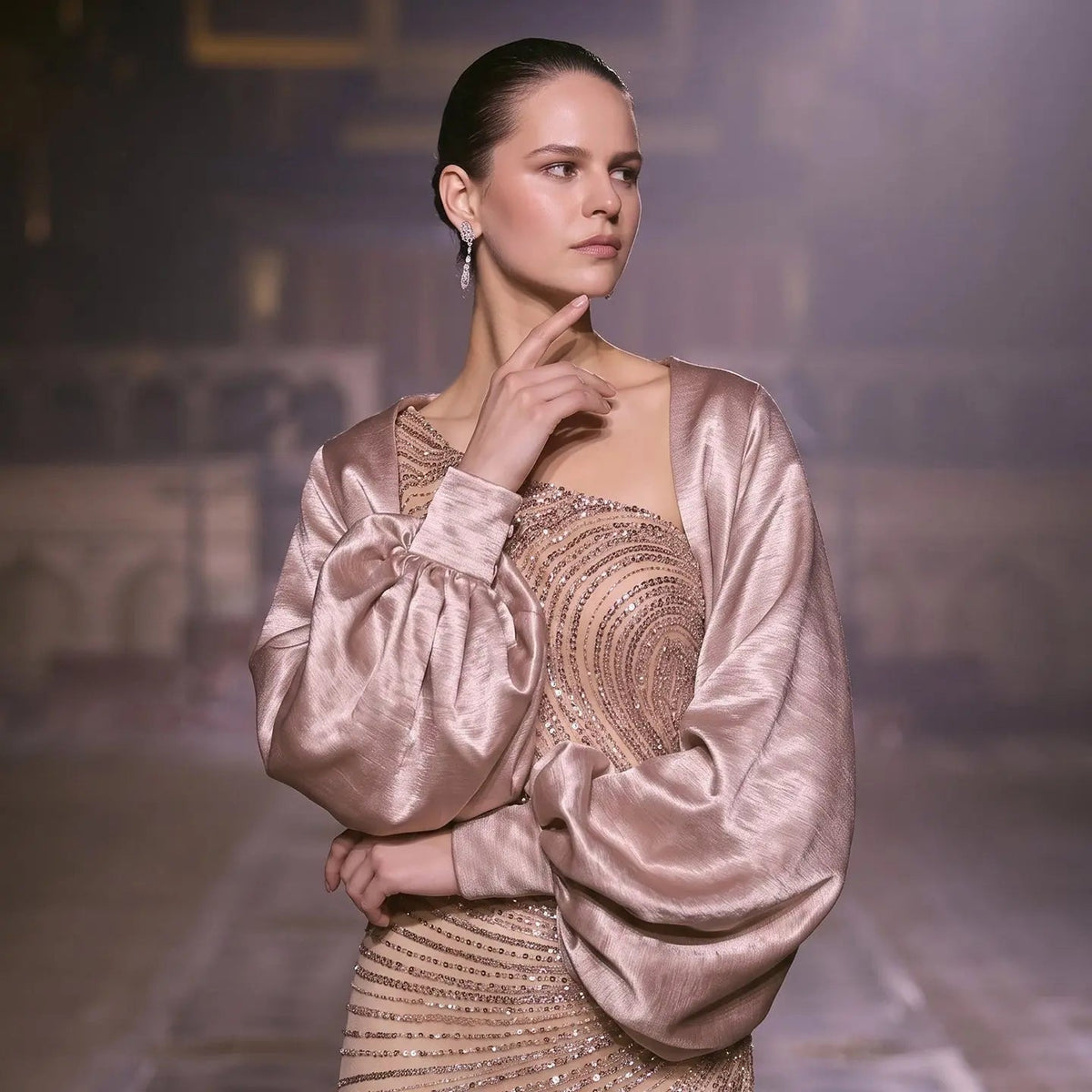Luxurious Champagne One-Shoulder Evening Dress with Draped Satin Puff Sleeves SS311