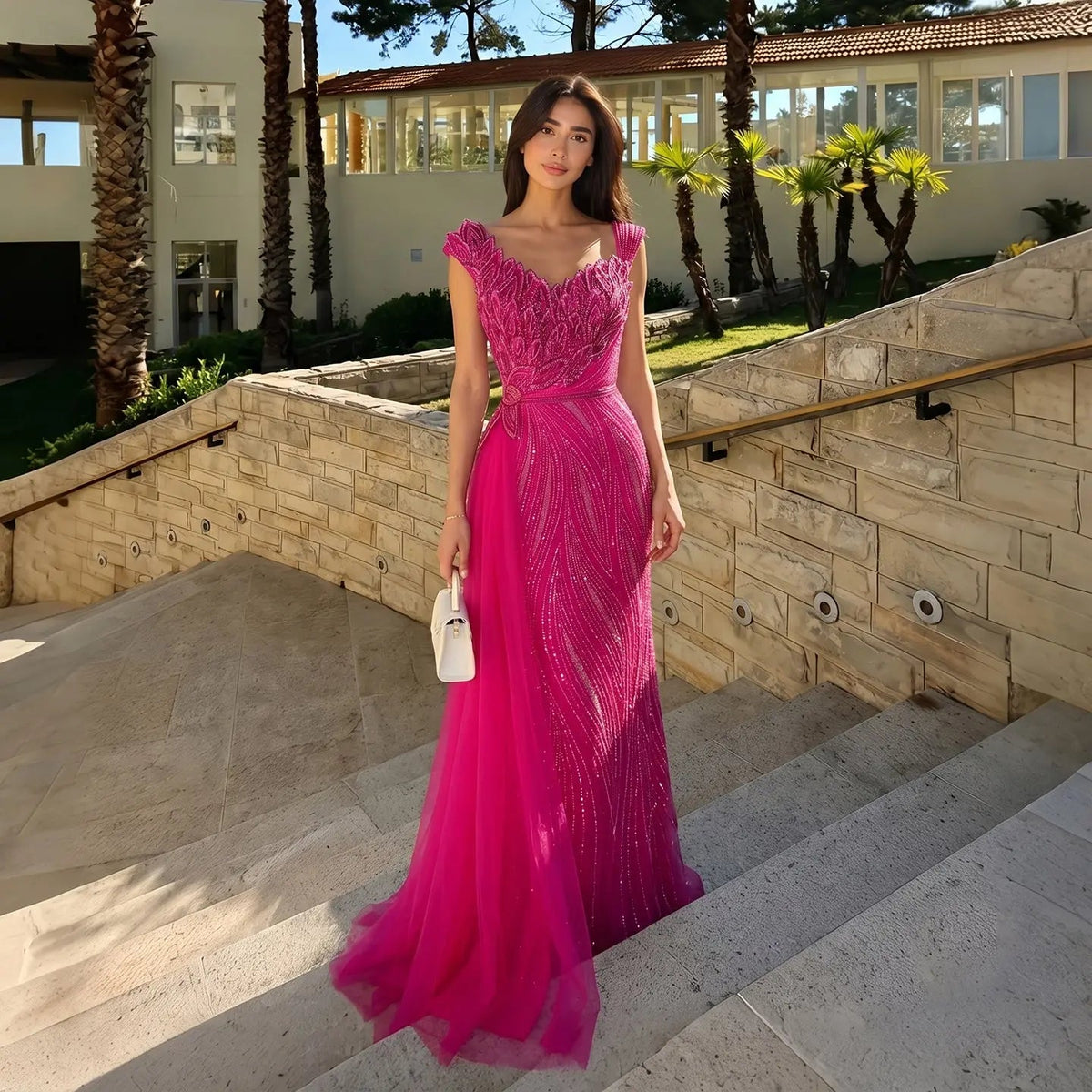 Stunning Off-the-Shoulder Evening Dress with Leaf Motif Bodice and Sheer Side Drape SS106