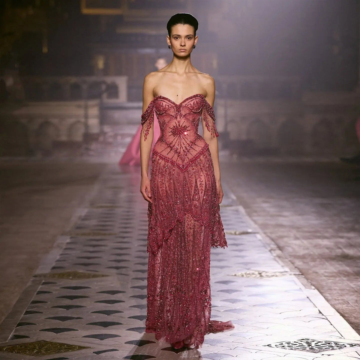 Luxury Fuchsia Strapless Evening Dress with Sheer Corset Bodice and Fringe Drop Details SS516