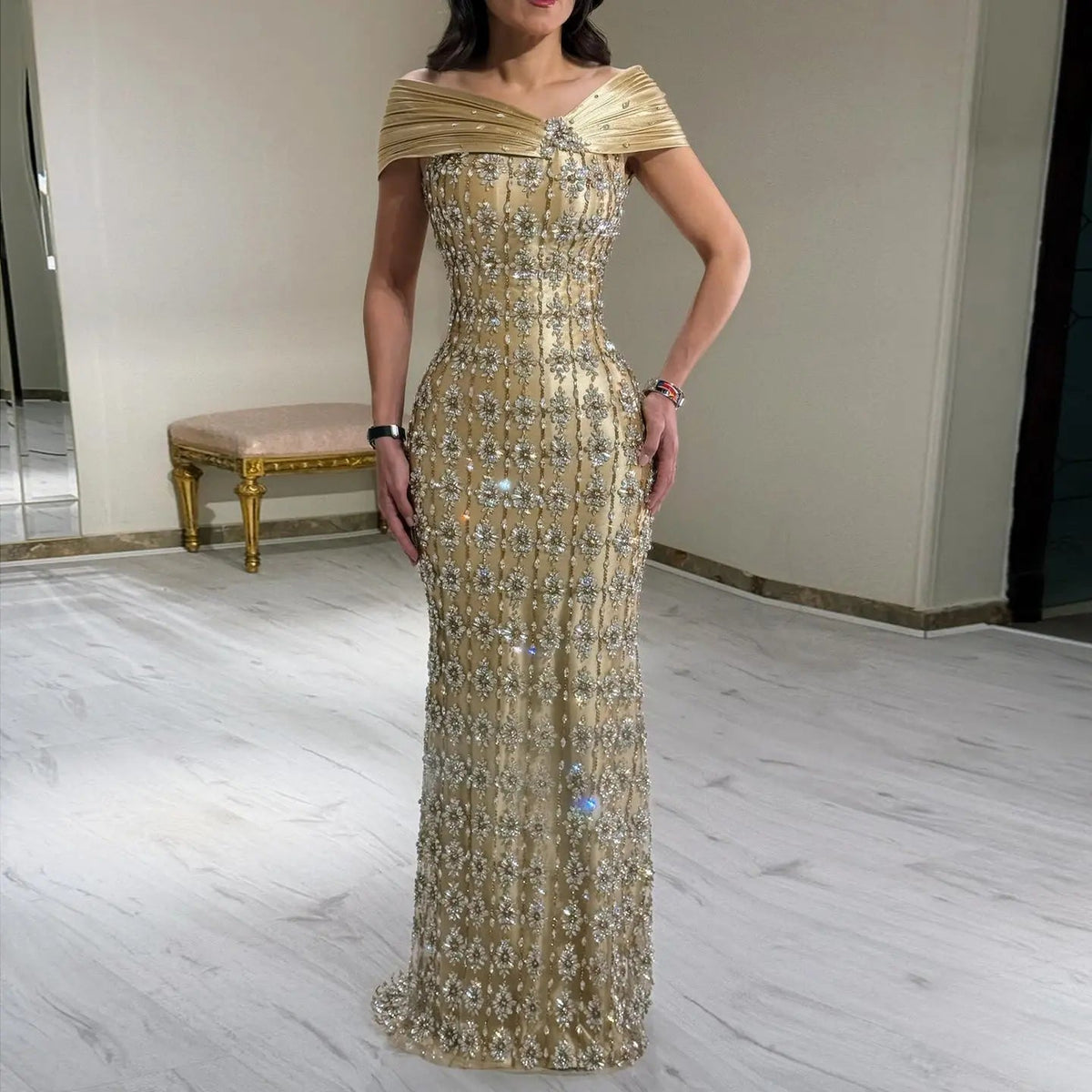 Luxurious Gold Off-the-Shoulder Evening Dress with Structured Draped Sleeves SS217