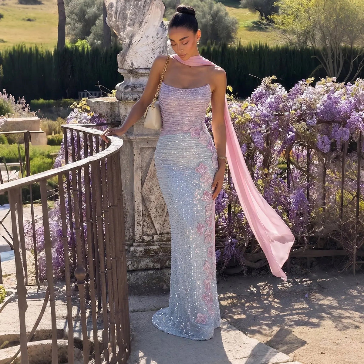 Modern Gradient Sequin Evening Dress with Asymmetric 3D Flower Details SS534