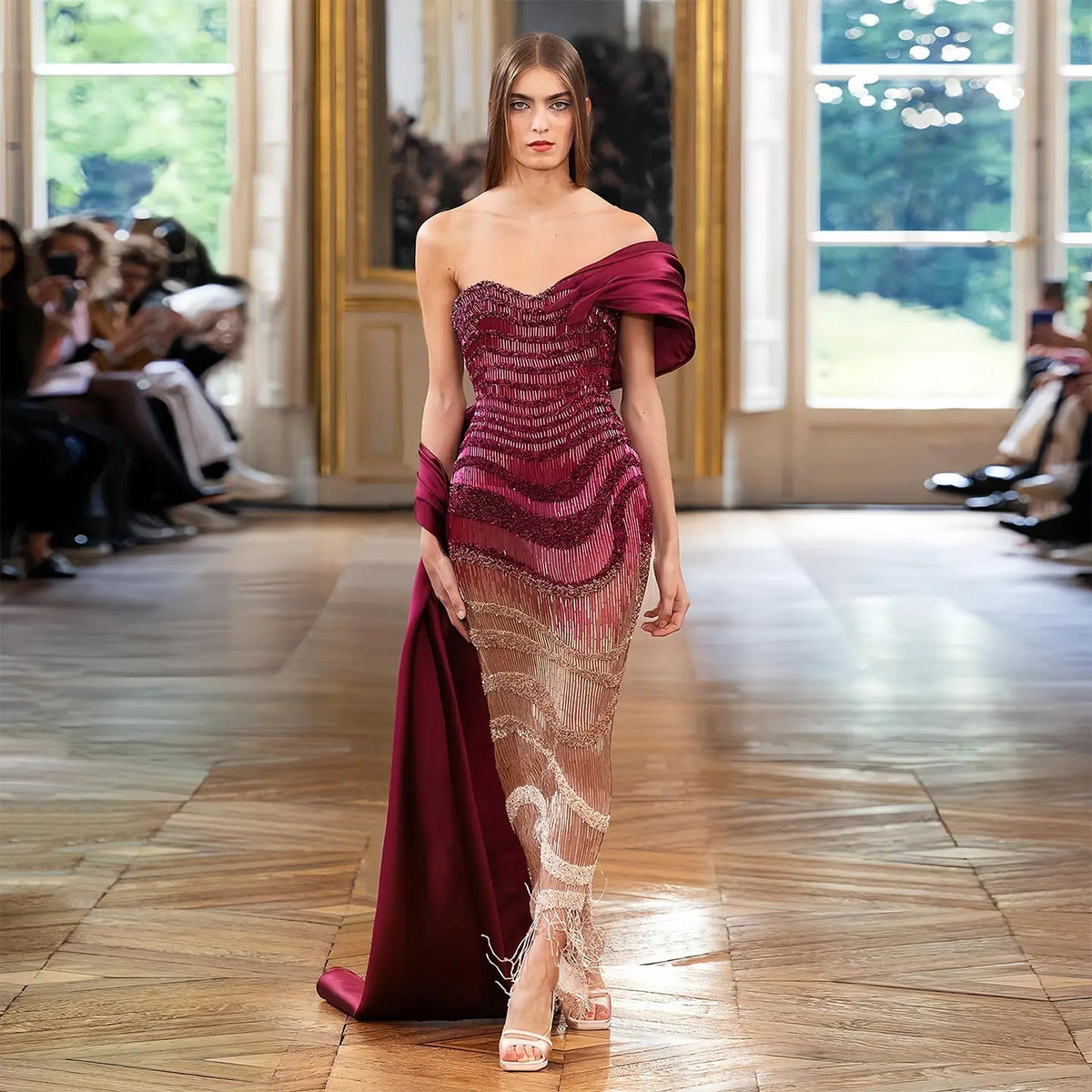 Luxury Gradient Red One-Shoulder Evening Dress with Fringe Detail SS530