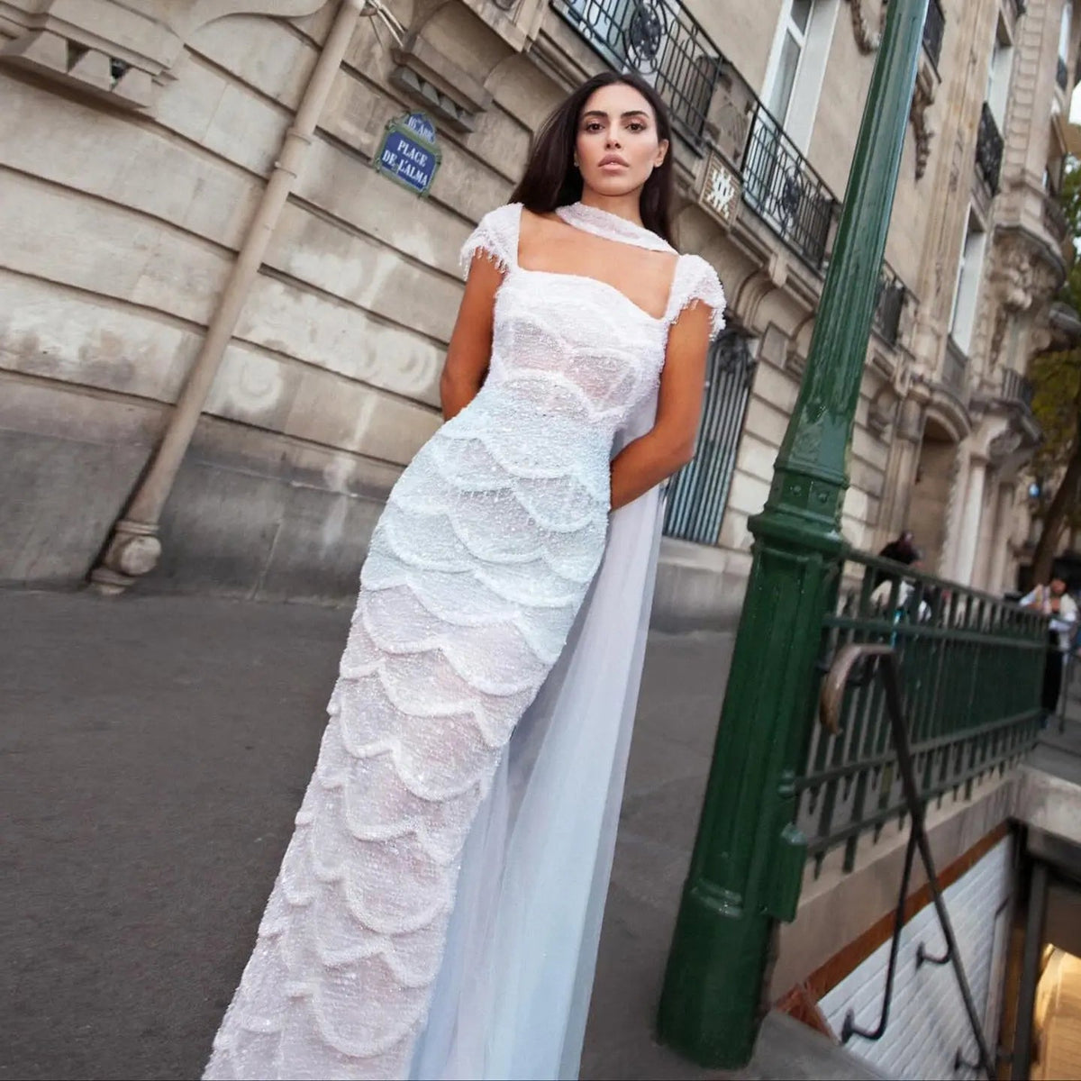 Elegant White High Neck Evening Dress with Waterfall Sequin Scallops and Flowing Cape SS523