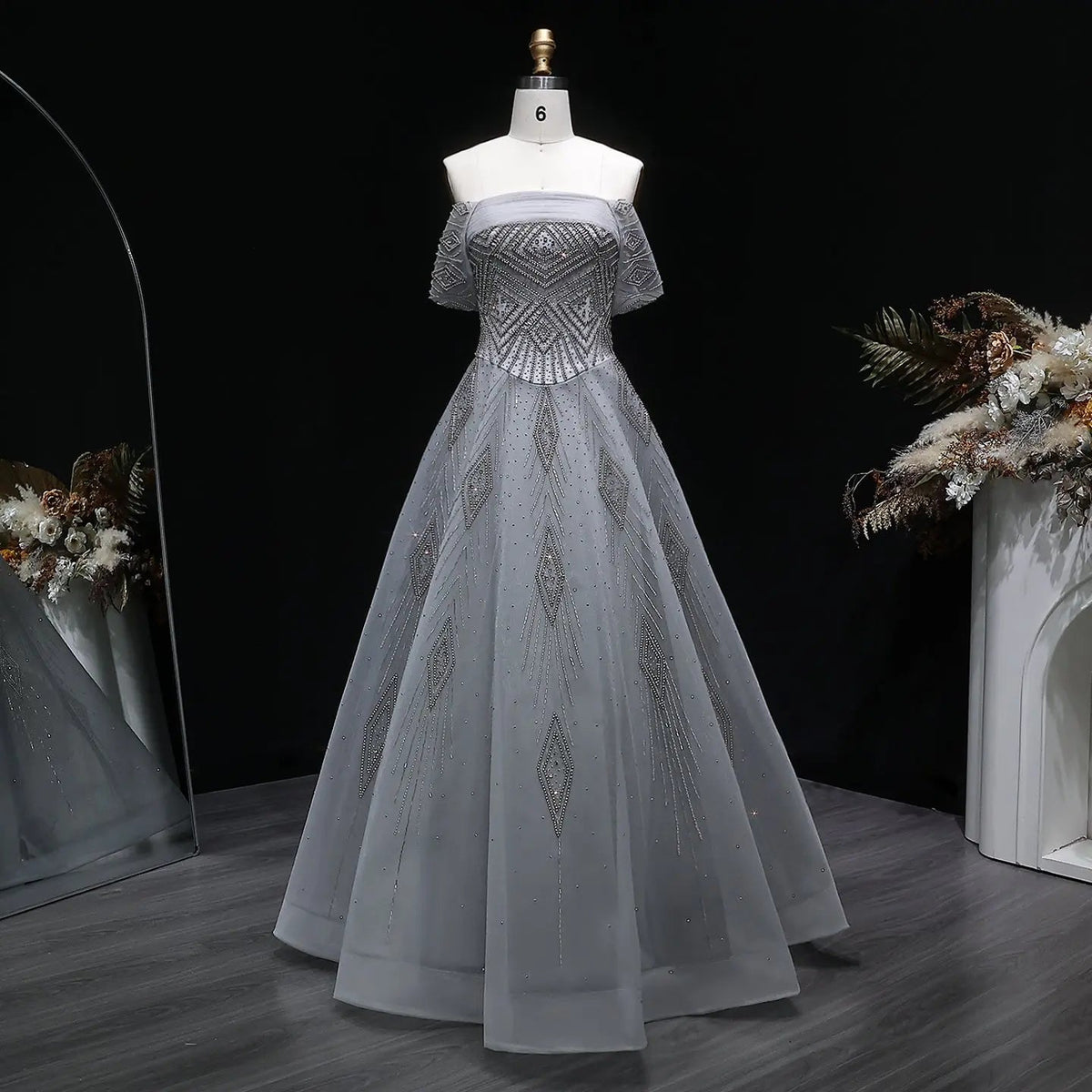 Elegant A-Line Tulle Evening Dress with Diamond Sequin Embroidery SS324
