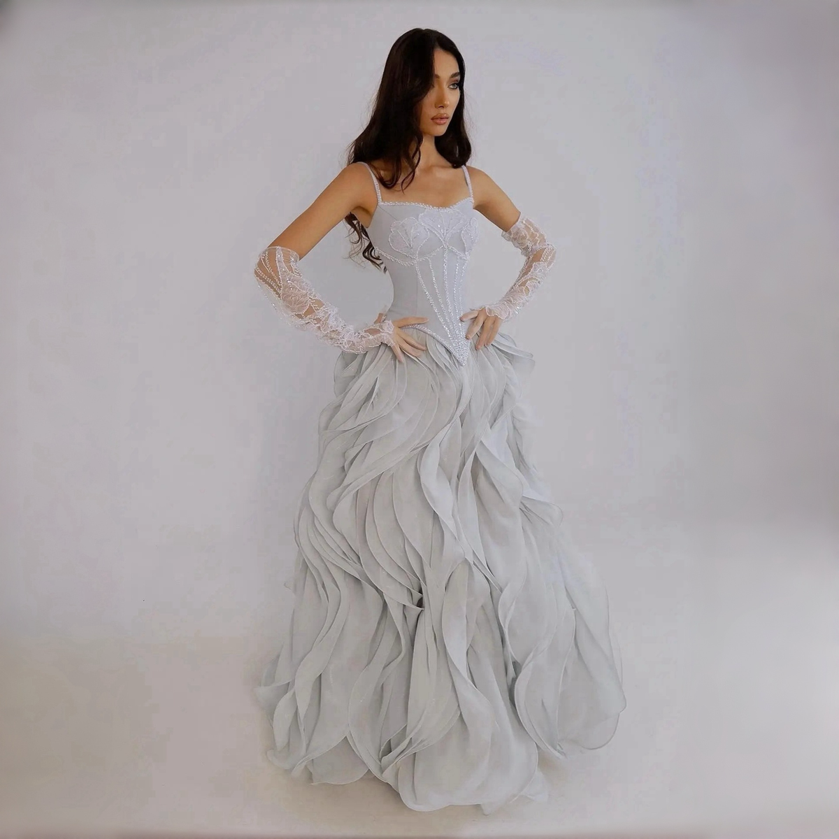 Chic Gray Spaghetti Strap Evening Dress with 3D Petal Ruffles and Beaded Corset Details SS672