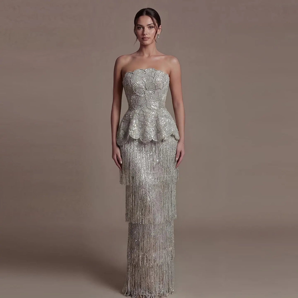 Elegant Gray Strapless Evening Dress with Scalloped Peplum Waist and Long Beaded Fringe SS370