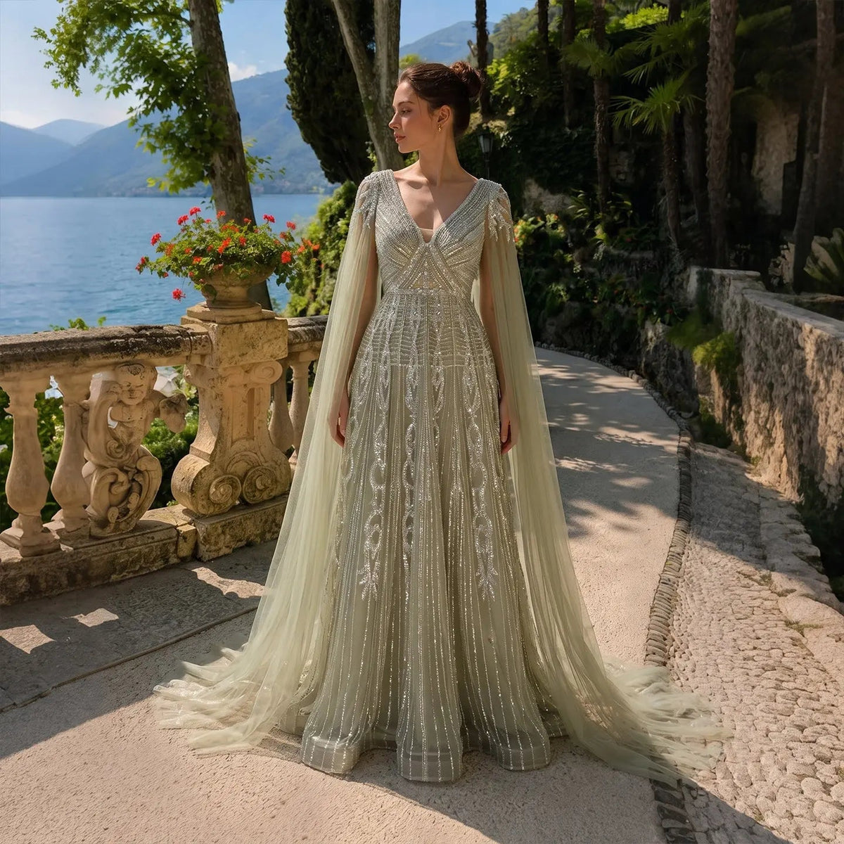 Romantic Tulle Evening Dress with Sparkling Draped Sleeves and Vertical Fringe Details SS073