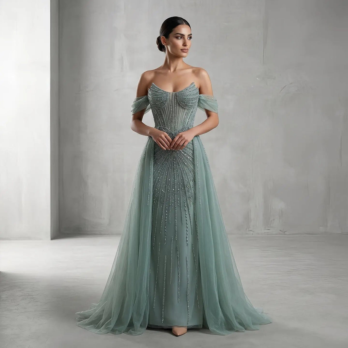 Luxury Green A-Line Evening Dress with Flutter Sleeves and Sparkly Bodice SS120