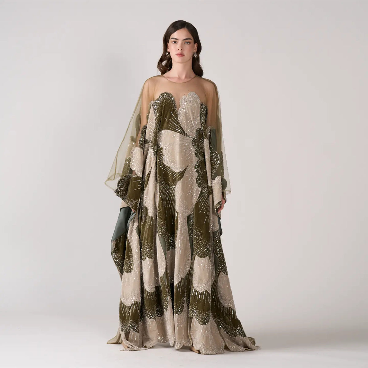 Unique Green Evening Dress with Sheer Neckline and Oversized Graphic Sequins SS669
