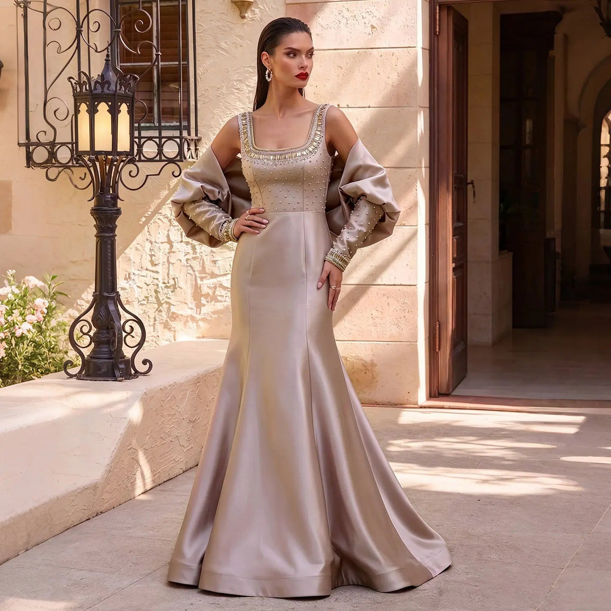 Modern Satin Column Evening Dress with Bishop Sleeves and Square Neck SS574