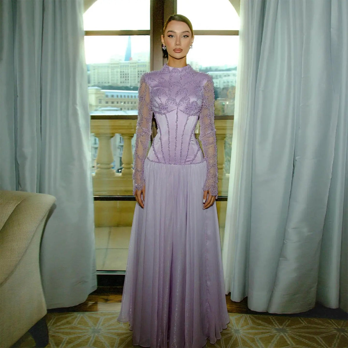 Elegant Lilac High Neck Evening Dress with Long Sheer Sleeves  SS786