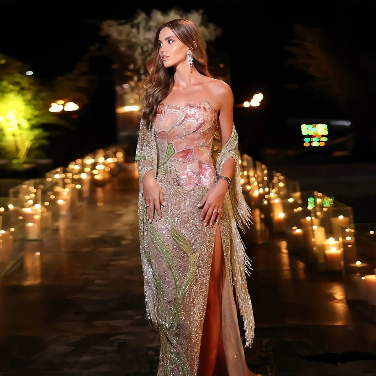 Glamorous Embroidered Floral Evening Dress with Cape Sleeves SS396